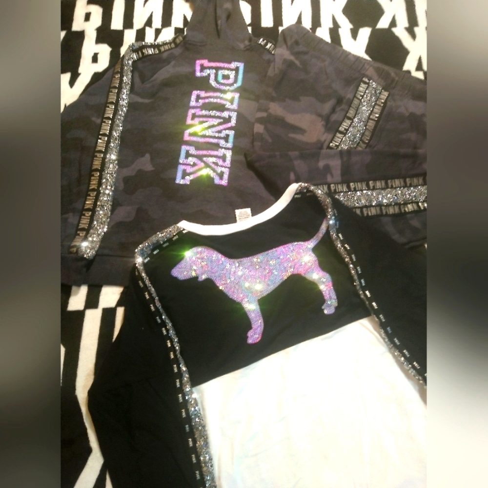 Victoria's Secret Pink 3pc Camo Iridescent Sequin Bling Set. XL.
